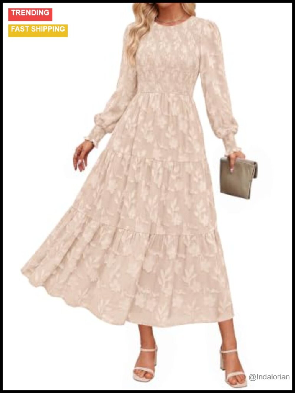 PRETTYGARDEN Floral Jacquard Midi Dress Long Sleeve Semi Formal Pockets